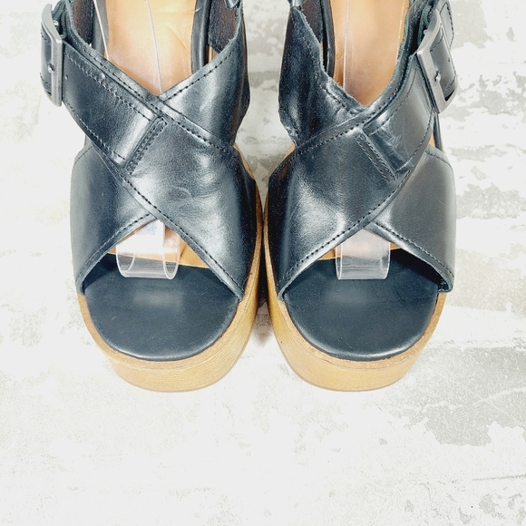 NEW Lucky Brand Delaynee Black Leather Slingback Open Toe Platform Sandals E447 - Picture 8 of 13